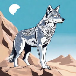 A detailed illustration of an Arabic wolf, such as the Arabian wolf, in its natural habitat