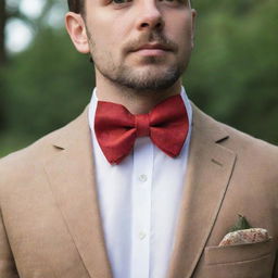 A man wearing a bow tie around the collar, uniquely designed to capture the exact shape of a maple leaf. This nature-inspired accessory replaces the traditional bow with a leaf shape.