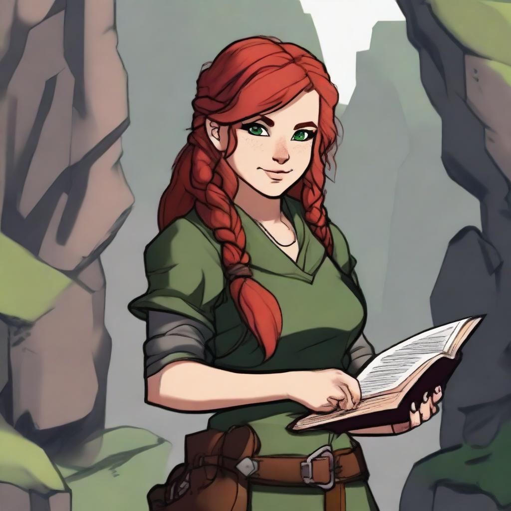 A dwarven female ranger with red hair holding a book