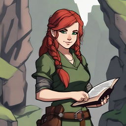 A dwarven female ranger with red hair holding a book