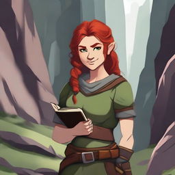 A dwarven female ranger with red hair holding a book