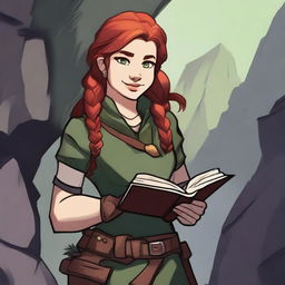 A dwarven female ranger with red hair holding a book