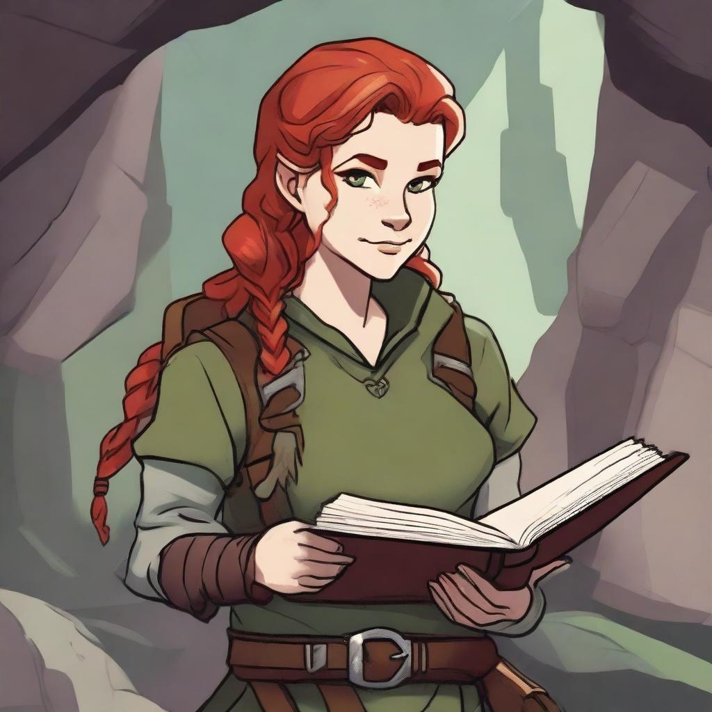 A dwarven female ranger with red hair holding a book