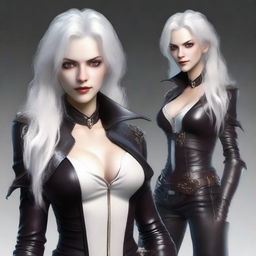 A 31-year-old female human vampire with neatly cut, curled white hair and golden eyes