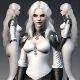 A 31-year-old female human vampire with neatly cut, curled white hair and golden eyes