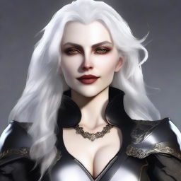 A 31-year-old female human vampire with neatly cut, curled white hair and golden eyes