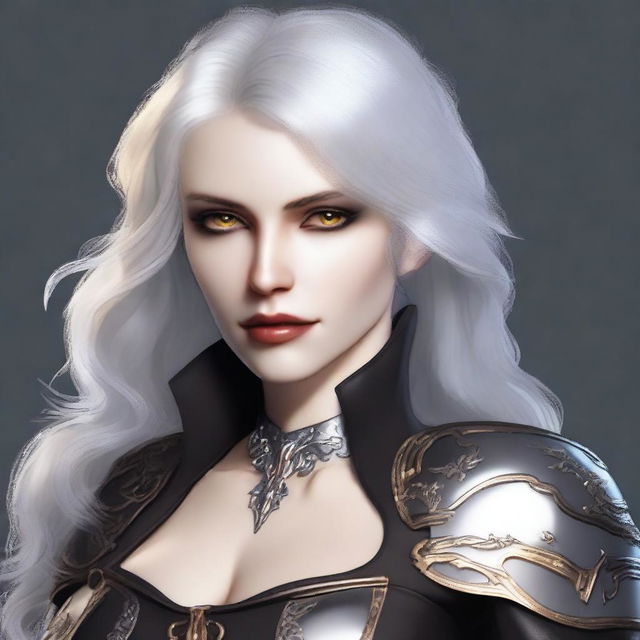 A 31-year-old female human vampire with neatly cut, curled white hair and golden eyes