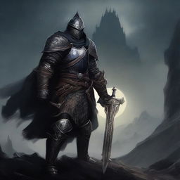 A powerful paladin clad in dark, intricately detailed armor, reminiscent of the Dark Souls universe