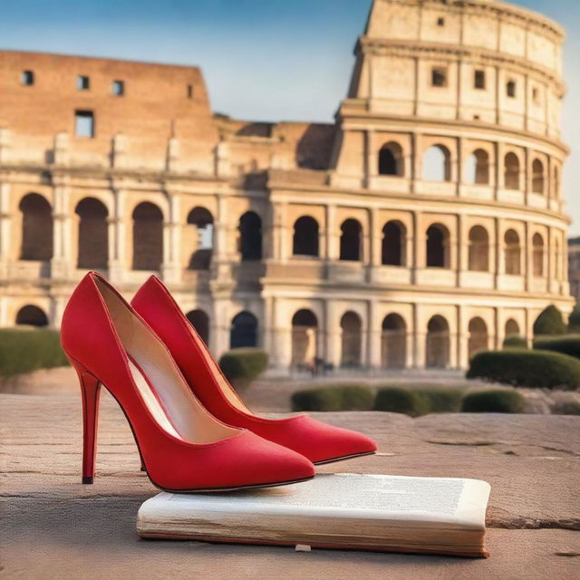 A captivating book cover featuring a pair of red high heels placed prominently in front of the ancient Colosseum in Rome