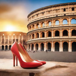 A captivating book cover featuring a pair of red high heels placed prominently in front of the ancient Colosseum in Rome