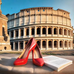 A captivating book cover featuring a pair of red high heels placed prominently in front of the ancient Colosseum in Rome