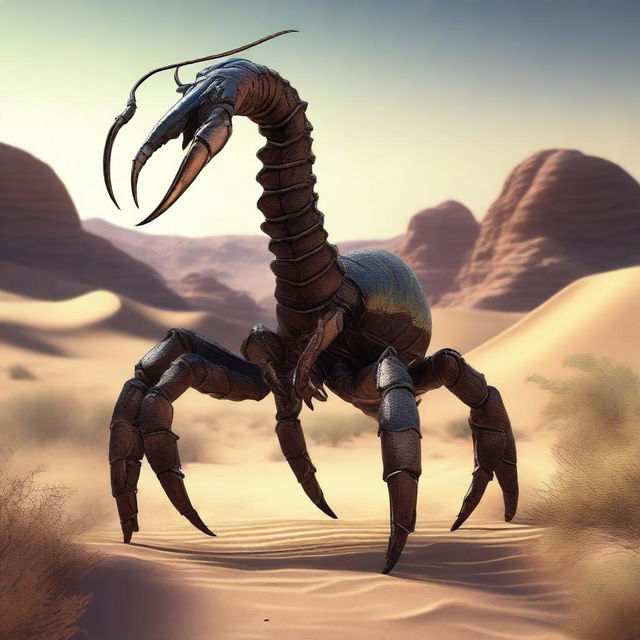 A high-quality, detailed image of an enormous Arabic scorpion monster in its natural habitat