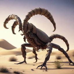 A high-quality, detailed image of an enormous Arabic scorpion monster in its natural habitat