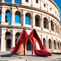 A pair of stylish red high heels placed in front of the iconic Colosseum in Rome