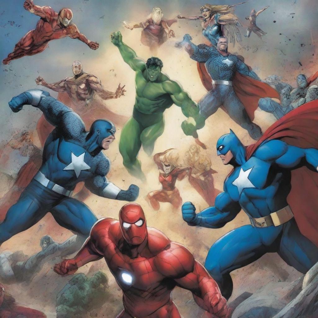 A modern comic cover depicting an epic multiversal battle between the Avengers and the Justice League