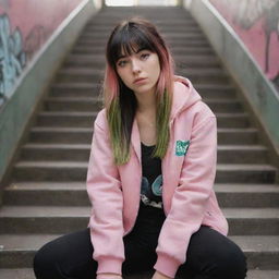 casual photograpy medium body, hip hop style clothes pink and black jacket, sneakers, female , 23 year old with green eyes and black long hai with withe streaks in the bangs .,freckles, selfo, graffiti background subway stairs, medium distance shot, 4k hd,  --styerw--v 5.2 ar 2-3