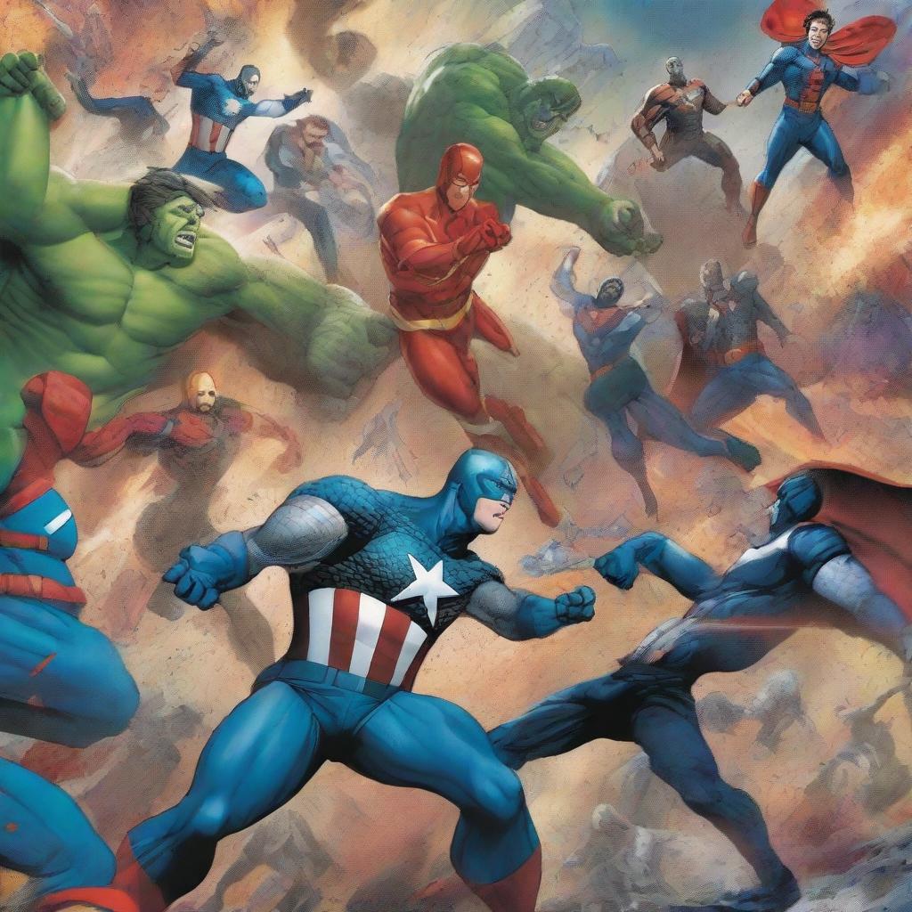 A modern comic cover depicting an epic multiversal battle between the Avengers and the Justice League