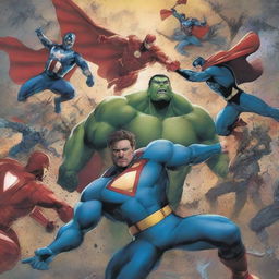 A modern comic cover depicting an epic multiversal battle between the Avengers and the Justice League