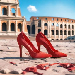 A pair of broken red high heels placed in front of the iconic Colosseum in Rome