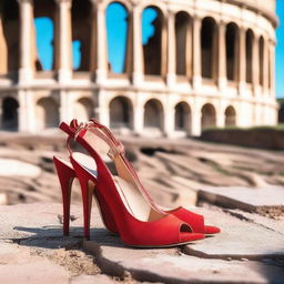 A pair of broken red high heels placed in front of the iconic Colosseum in Rome