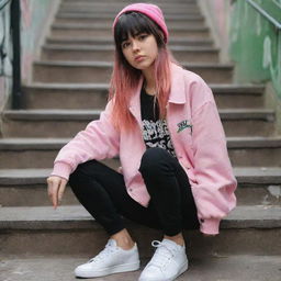 casual photograpy medium body, hip hop style clothes pink and black jacket, sneakers, female , 23 year old with green eyes and black long hai with withe streaks in the bangs .,freckles, selfo, graffiti background subway stairs, medium distance shot, 4k hd,  --styerw--v 5.2 ar 2-3