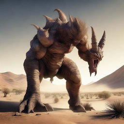 A high-quality, detailed image of an enormous monster in a desert setting