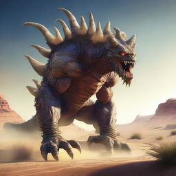 A high-quality, detailed image of an enormous monster in a desert setting