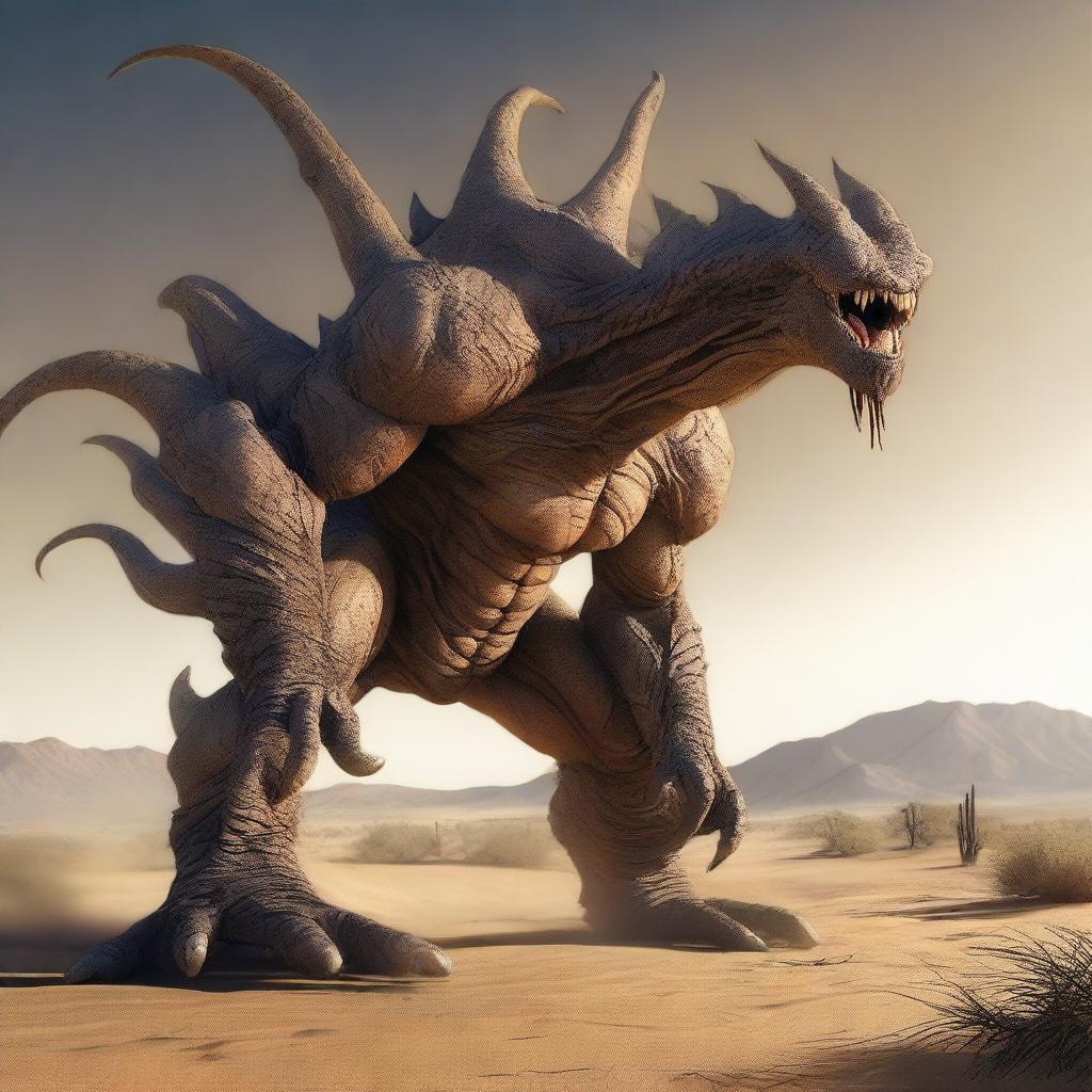 A high-quality, detailed image of an enormous monster in a desert setting