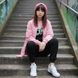 casual photograpy medium body, hip hop style clothes pink and black jacket, sneakers, female , 23 year old with green eyes and black long hai with withe streaks in the bangs .,freckles, selfo, graffiti background subway stairs, medium distance shot, 4k hd,  --styerw--v 5.2 ar 2-3