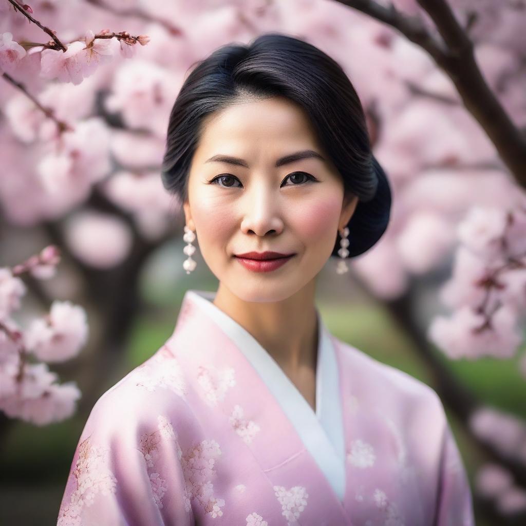 A detailed portrait of an Asian woman with a serene expression, wearing traditional attire, and standing in a peaceful garden