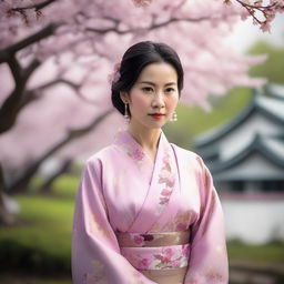 A detailed portrait of an Asian woman with a serene expression, wearing traditional attire, and standing in a peaceful garden