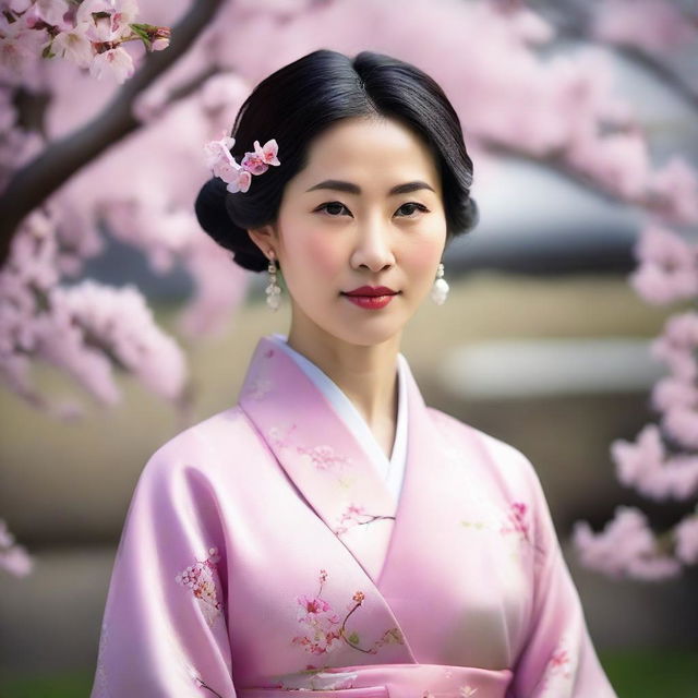 A detailed portrait of an Asian woman with a serene expression, wearing traditional attire, and standing in a peaceful garden