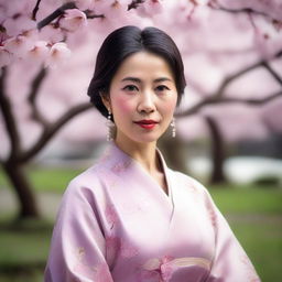 A detailed portrait of an Asian woman with a serene expression, wearing traditional attire, and standing in a peaceful garden