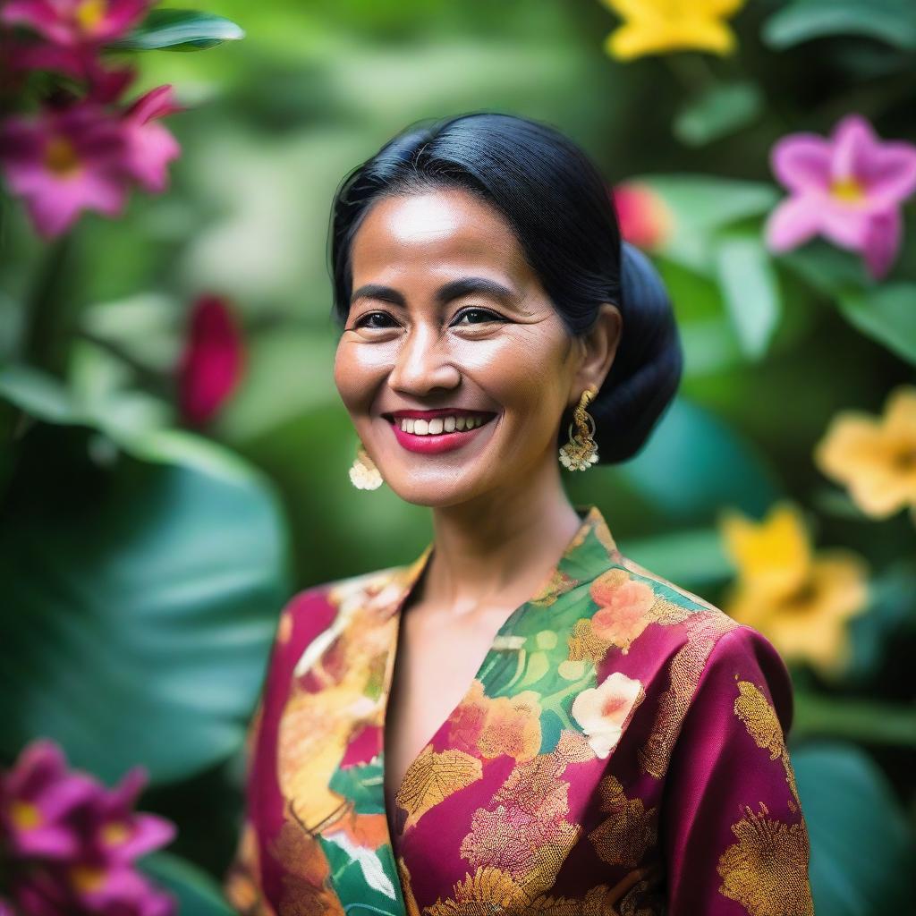 A detailed portrait of an Indonesian woman with a warm smile, wearing traditional Batik attire, and standing in a lush tropical garden