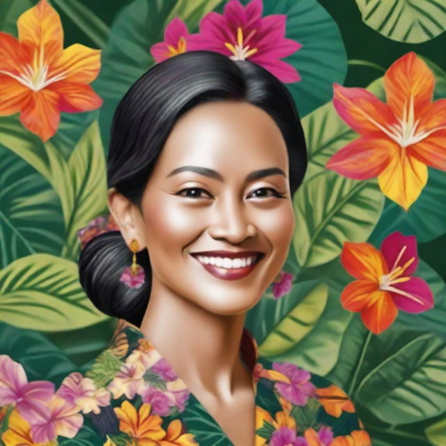 A detailed portrait of an Indonesian woman with a warm smile, wearing traditional Batik attire, and standing in a lush tropical garden