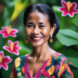 A detailed portrait of an Indonesian woman with a warm smile, wearing traditional Batik attire, and standing in a lush tropical garden