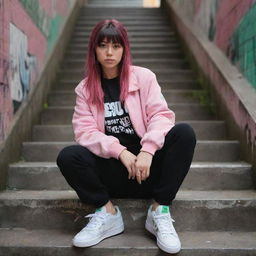 casual photograpy medium body, hip hop style clothes pink and black jacket, sneakers, female , 23 year old with green eyes and black long hai with withe streaks in the bangs .,freckles, selfo, graffiti background subway stairs, medium distance shot, 4k hd,  --styerw--v 5.2 ar 2-3