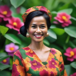 A detailed portrait of an Indonesian woman with a warm smile, wearing traditional Batik attire, and standing in a lush tropical garden