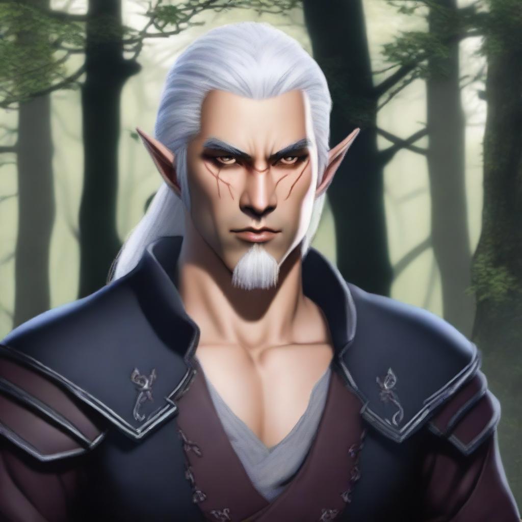 A male half-elf blood hunter with silver hair tied in a ponytail