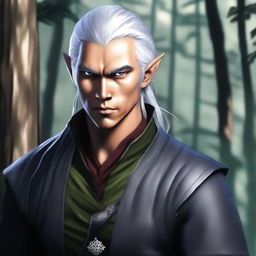 A male half-elf blood hunter with silver hair tied in a ponytail