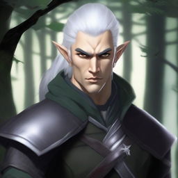 A male half-elf blood hunter with silver hair tied in a ponytail