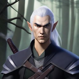 A male half-elf blood hunter with silver hair tied in a ponytail