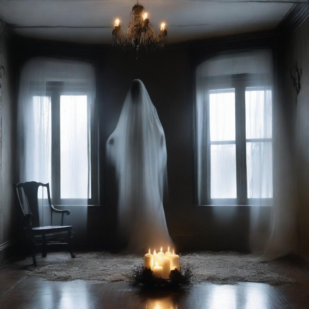 Create a spooky and eerie scene featuring ghostly apparitions in a haunted house