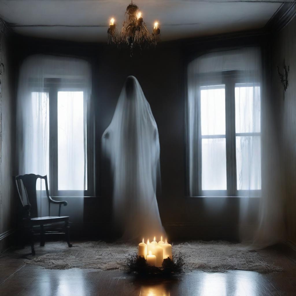 Create a spooky and eerie scene featuring ghostly apparitions in a haunted house