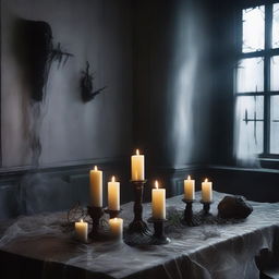 Create a spooky and eerie scene featuring ghostly apparitions in a haunted house