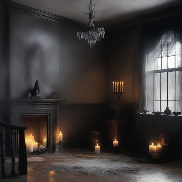 Create a spooky and eerie scene featuring ghostly apparitions in a haunted house