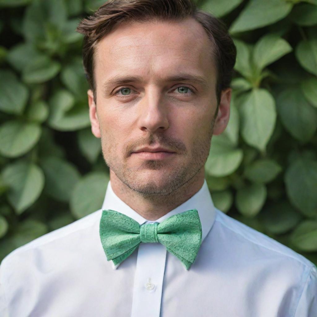 A man wearing a bow tie around the collar, innovatively designed to mimic the precise shape of a mint leaf. This nature-inspired tie substitutes the conventional bow with a striking leaf shape.