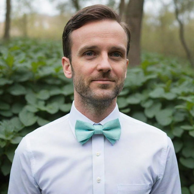 A man wearing a bow tie around the collar, innovatively designed to mimic the precise shape of a mint leaf. This nature-inspired tie substitutes the conventional bow with a striking leaf shape.