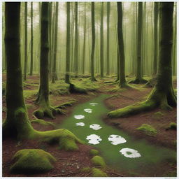 A scene of wolf footprints in a forest, surrounded by needles and moss