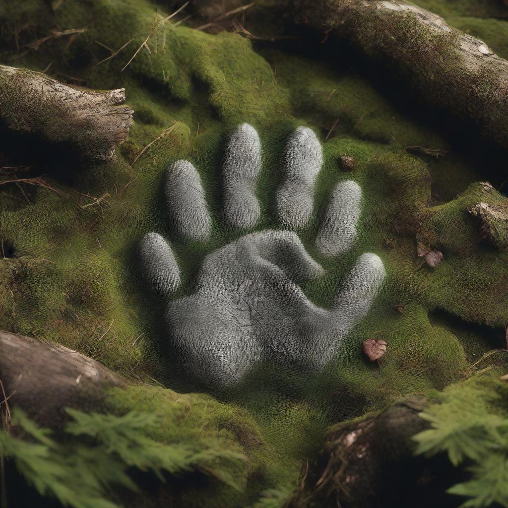 A realistic and close-up image of wolf pawprints in a forest, surrounded by needles and moss